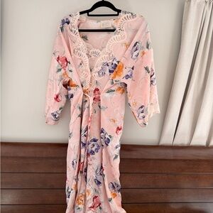 Floral Pink Lace Trim Robe with Matching Night gown